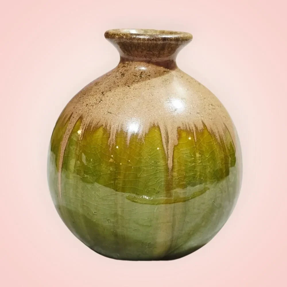 Pottery Bud Vase Green Tan Drip‎ Glaze 5